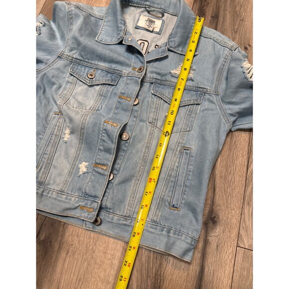 Los Angeles Girl Squad Denim Jacket Distressed Blue Forever 21 S Lightweight Cas - Picture 6 of 6